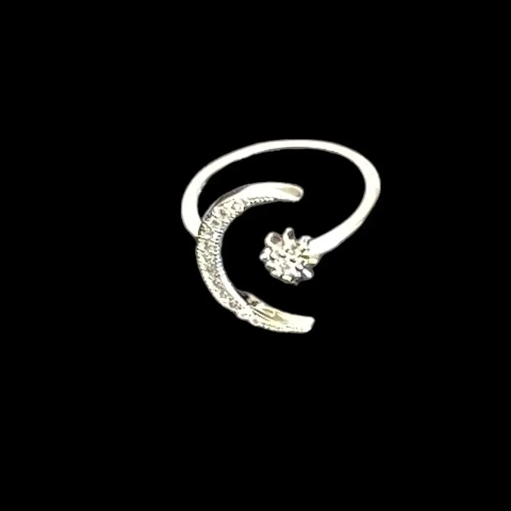 Celestial Crescent Moon Star Silver Tone Crystal Adjustable Ring NWT